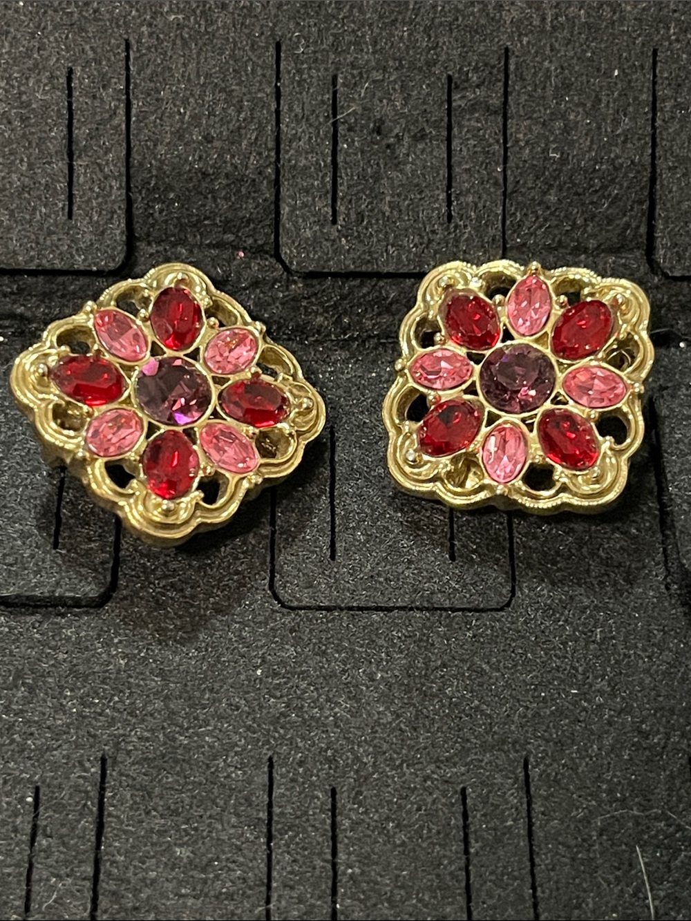 Gold Floral Cluster Stud Earrings in Red and Pink
